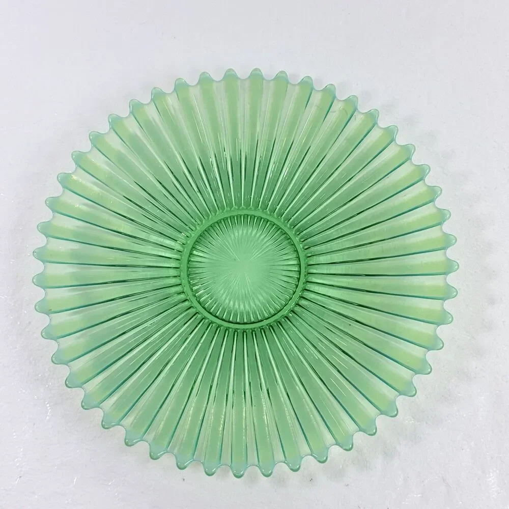 Vintage Green Opalescent Carnival Glass Bowl Sunburst Ribbed Spiked Beaded Edge